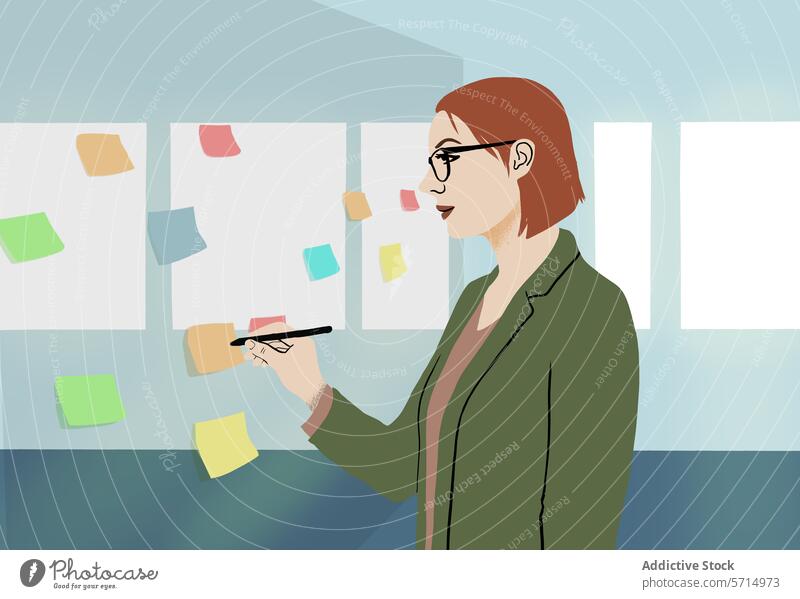 Professional woman brainstorming with sticky notes illustration professional organization office modern think colorful review strategy work corporate lifestyle