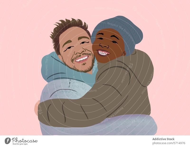 Cozy Embrace of a Smiling dad and son in Illustration illustration father embrace smile multicultural joy love affection kid child lifestyle man woman hug male