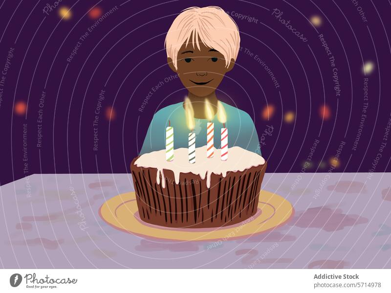 Smiling Child with Birthday Cake and Lit Candles illustration lifestyle child birthday cake celebration candle smile party happy occasion festive event dessert