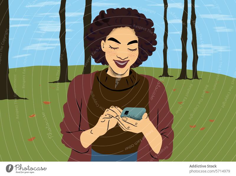 Smiling woman using smartphone in autumn park texting forest leaves cheerful young tranquil enjoyment lifestyle illustration outdoor nature communication