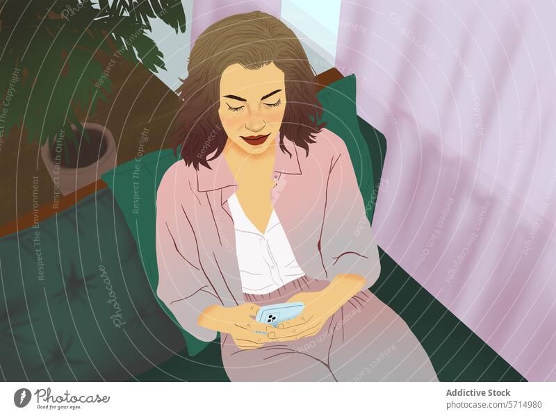 Woman relaxes at home using a smartphone woman sofa cozy lounge illustration lifestyle indoor comfortable leisure technology connectivity mobile female young