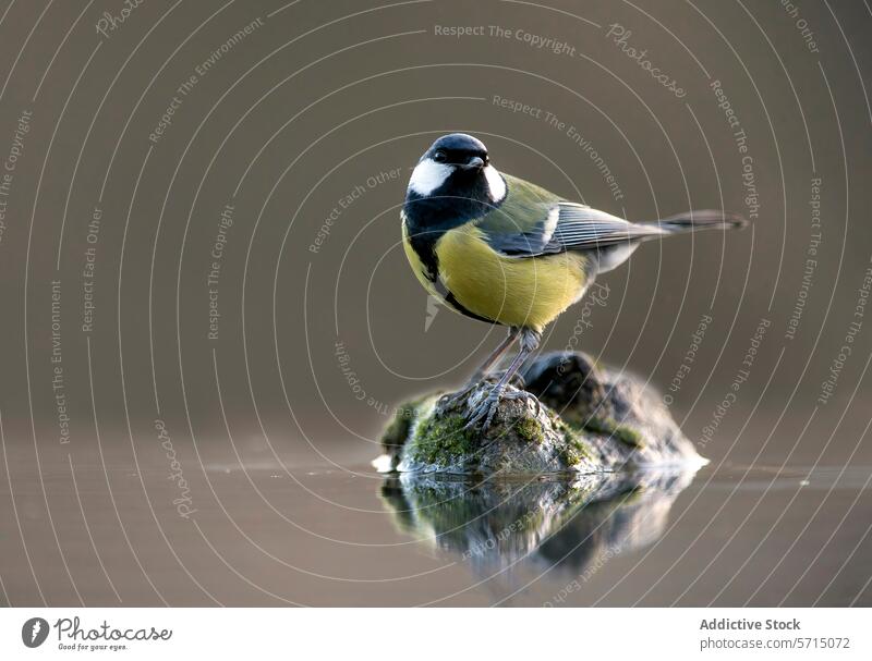 Great tit perched on a moss-covered stone by water great tit bird yellow black nature wildlife avian beak feathers plumage reflection calm serene