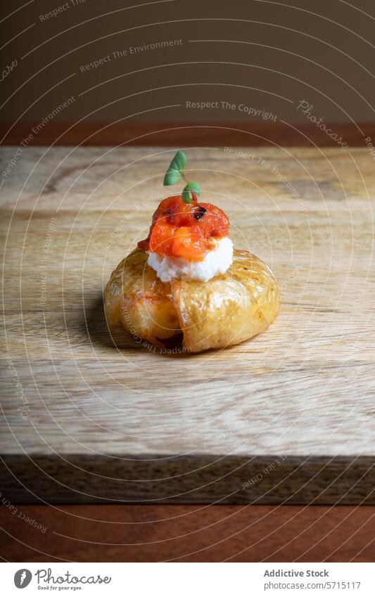Gourmet Baby Potato Canapé with Cheese and Pepper canapé baby potato mozzarella grilled red pepper cheese appetizer gourmet elegant topping garnish green sprout
