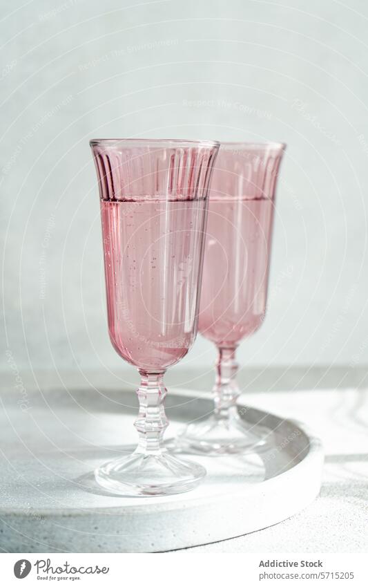 Elegant Pink Glassware Set in Soft Light. Generative AI image glass pink vintage minimalist sunlight reflection elegant surface duo soft background drinkware