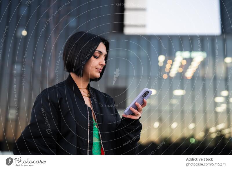 Urban style woman using smartphone in Madrid's 4 towers area madrid urban cuatro torres business area trendy city technology modern architecture youth