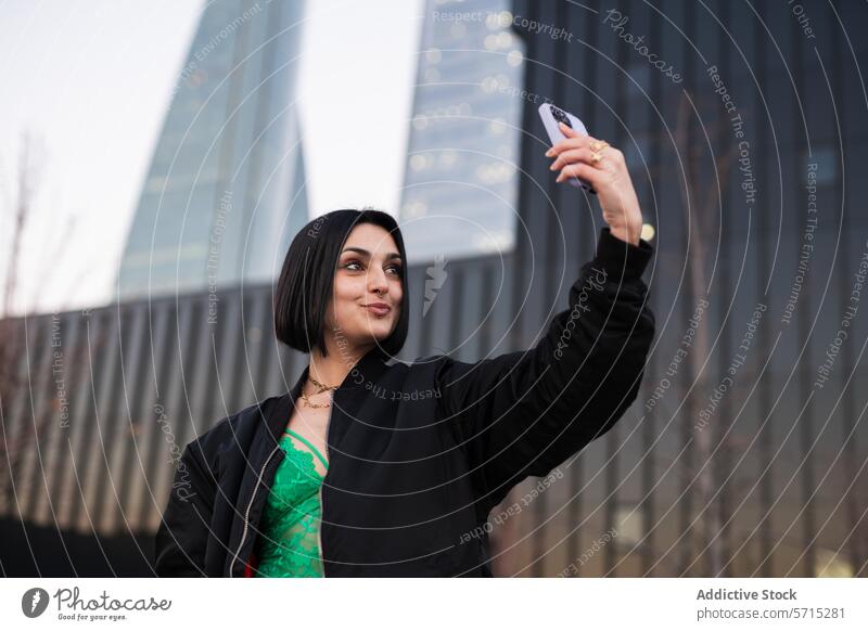 Young woman taking selfie in Madrid's Four Towers Business Area smartphone madrid spain four towers business area skyscraper urban style fashion modern