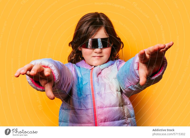 Confident girl posing with futuristic glasses and extending her hands forward, wearing a colorful pastel jacket against an orange background pose child fashion