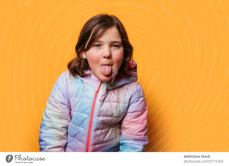 Playful girl sticking out her tongue, dressed in a multicolored jacket against a vibrant orange background playful colorful child fashion bright pastel