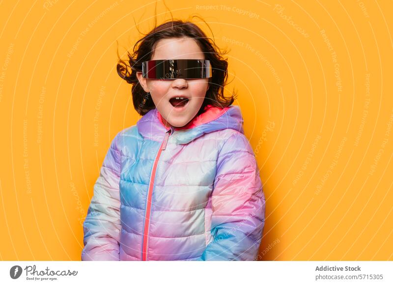 Surprised girl with mouth open wearing reflective futuristic glasses and a pastel jacket against an orange backdrop surprised orange background child shock
