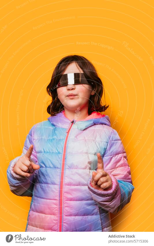 Child in a pastel jacket and futuristic glasses pointing fingers, standing against an orange background child kid fashion style gesture modern winter clothing
