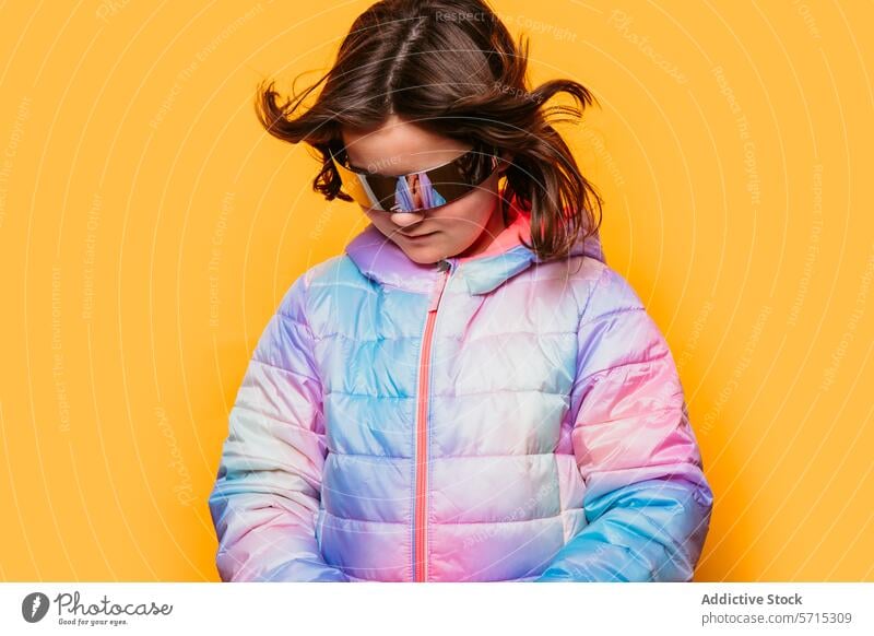 Young girl looking down with wind in her hair, wearing futuristic glasses and a pastel puffer jacket on an orange background young child fashion windblown