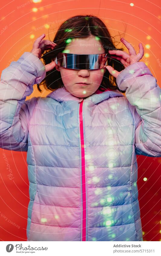 Curious girl adjusting futuristic glasses, lit by colorful lights, with a pastel jacket against an orange backdrop curious orange background child fashion