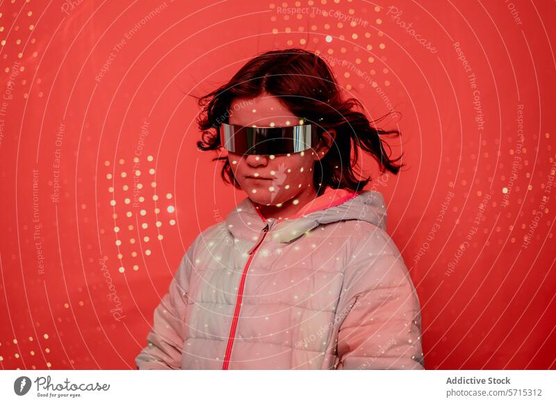 Girl with a serious expression, sporting reflective futuristic glasses and a white puffer jacket, against a dotted red backdrop girl child fashion eyewear