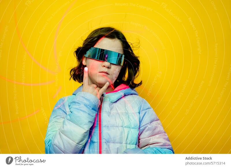 Thoughtful girl with futuristic glasses touching her chin, wearing a multicolored jacket against a yellow backdrop with light streaks thoughtful touching chin