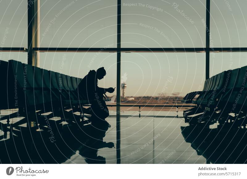 Silhouette of anonymous person waiting traveler at airport terminal silhouette man sitting phone flight control tower alone chair window journey departure