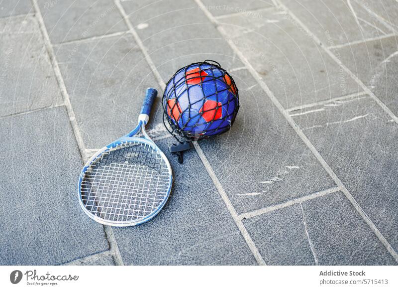 Sport weekend essentials with badminton and soccer equipment sport racket ball net blue red concrete surface outdoor activity game play leisure physical