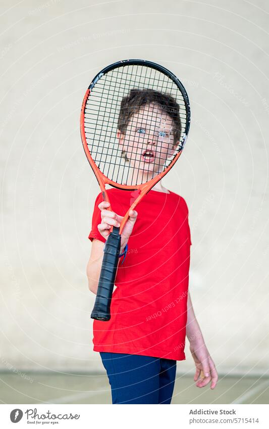 Active boy with tennis racket during sport weekend active game tennis court red shirt sportswear playful childhood hobby exercise leisure fun youth athlete