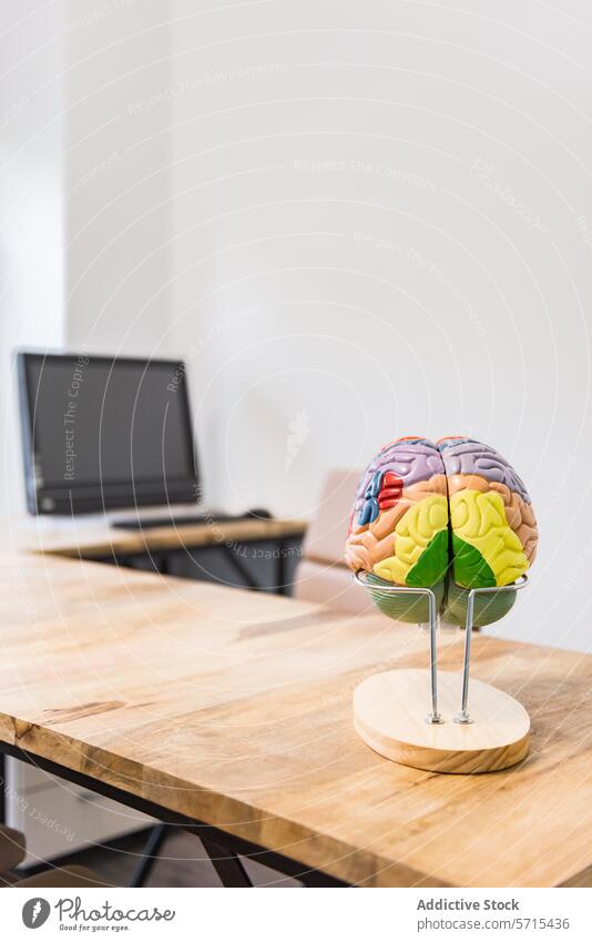 A colorful anatomical model of the human brain displayed on a wooden stand on a desk, with a laptop in the background in a clean, modern office setting anatomy