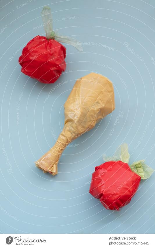 Plastic bags shaped like food on blue background plastic imitation waste environmental consciousness artistic arrangement issue highlight environmentalism