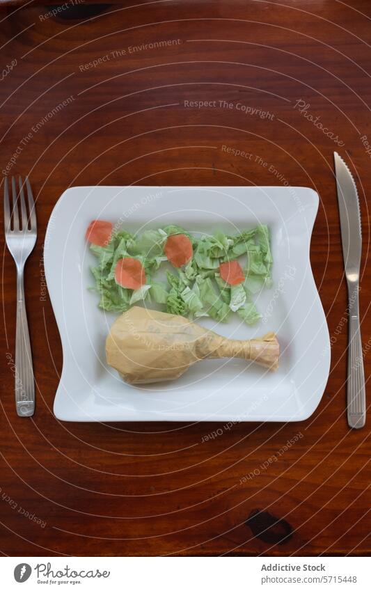 Conceptual plastic bag meal on a white plate concept food cutlery table wooden ceramic lettuce carrot chicken leg artificial dining utensil fork knife pollution