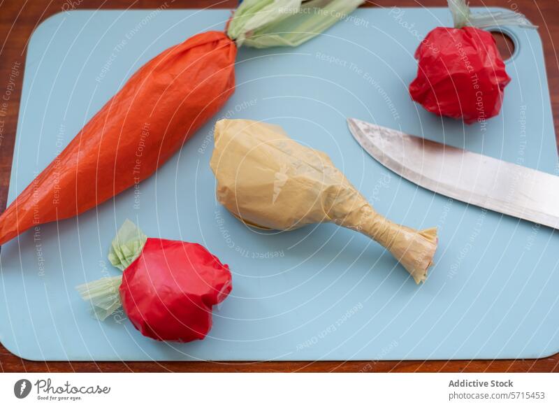 Plastic bags shaped like food items on a cutting board plastic imitation sculpture art recycle twist resemble colorful red yellow beige knife environmental