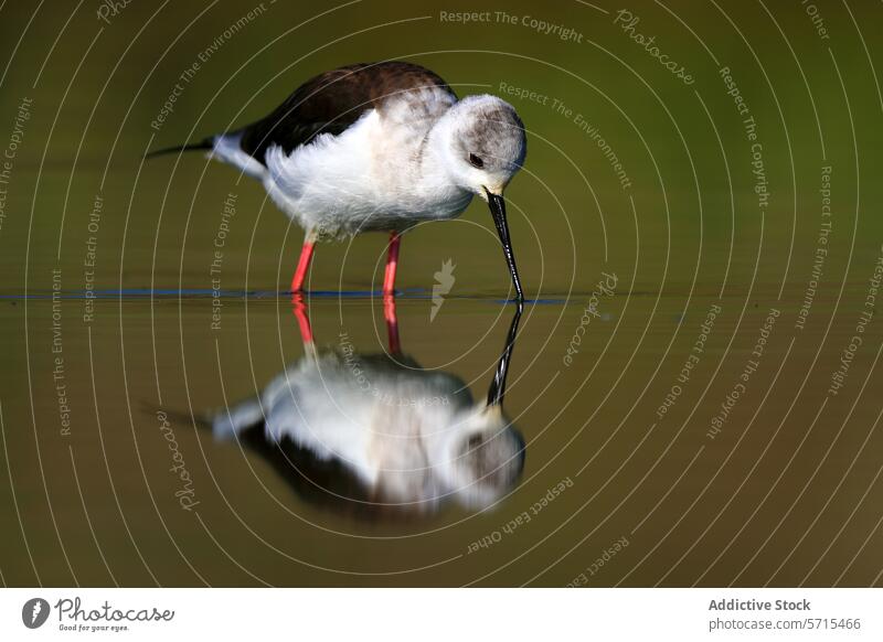 Black-winged Stilt foraging in calm waters with a clear reflection of its image below bird nature wildlife leg red beak white black standing shallow wader