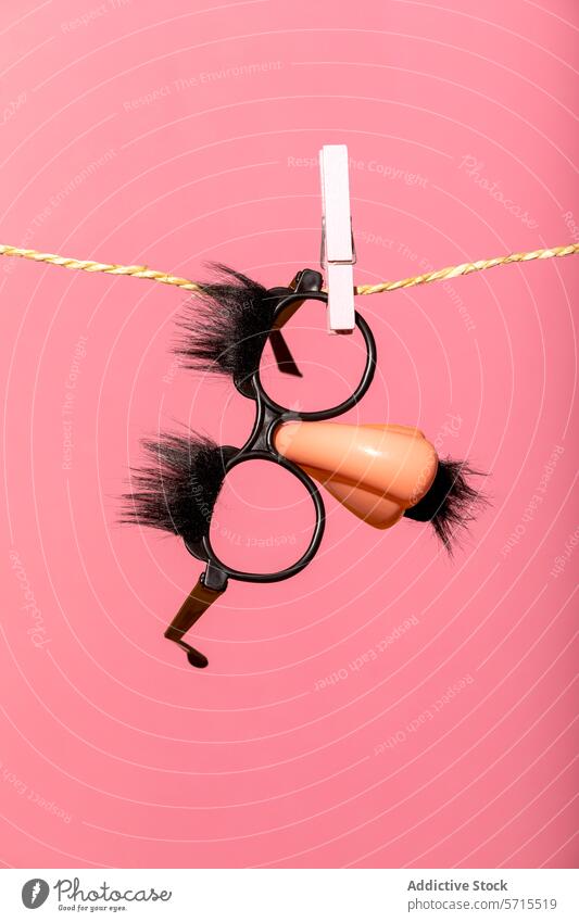 Generative AI illustration of funny novelty glasses with fake nose and eyebrows hanging on a clothespin and string against a pink background gag joke disguise