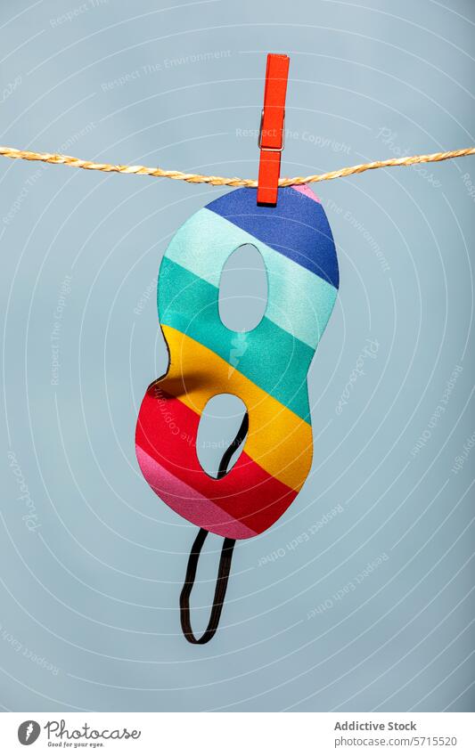 Generative AI illustration of colorful striped carnival mask hanging on a clothespin and rope against a light blue background costume disguise festive