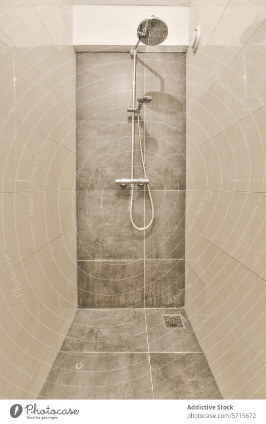 Modern shower with dual showerheads in a beige tiled bathroom modern rainfall handheld contemporary design wall fixture plumbing home interior renovation
