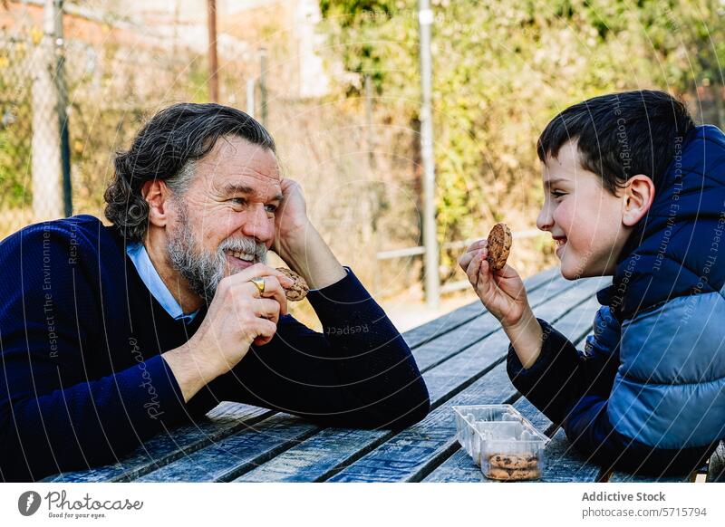 Joyful grandfather and grandson eating cookies at park picnic table wooden smile sharing family bonding elder child joy sitting outdoors casual clothing daytime