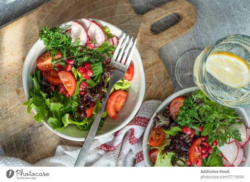 Top view of close up of a healthy vegetable salad with mixed greens, radishes, cherry tomatoes, and pomegranate seeds, next to a glass of lemon water on a wooden board