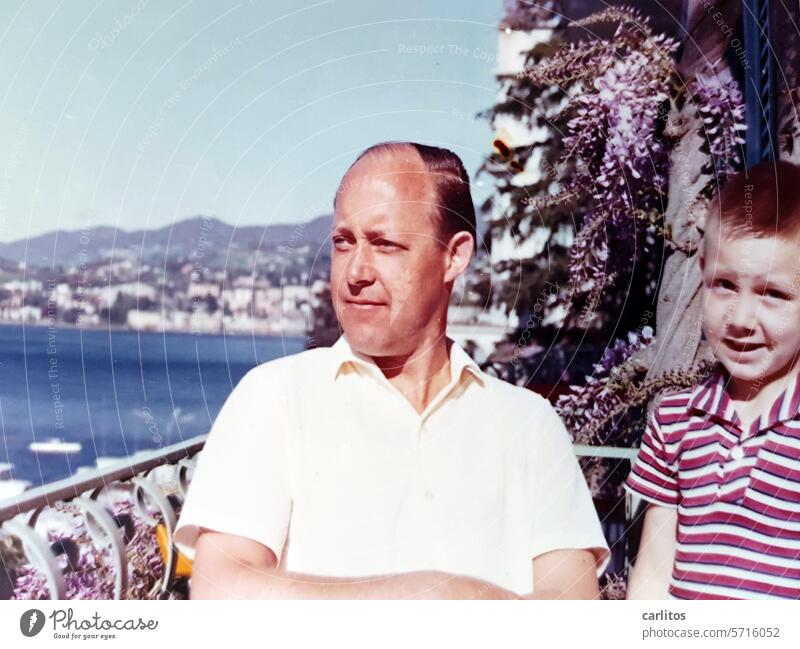 Father and son ( as a marginal phenomenon ) Son Family Balcony Vantage point Lake Lugano 1960s Child Family & Relations Infancy Together Parents Happy