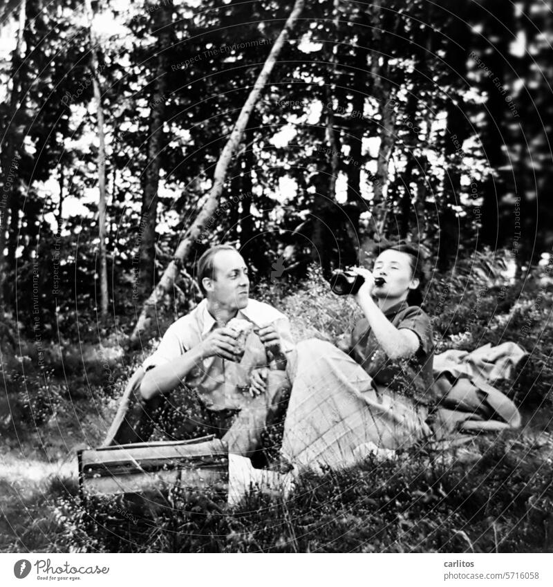 Picnic in the Black Forest in the 50s Trip hike fifties Family Couple Nature Summer Outdoors Lifestyle Relaxation free time voyage Eating Drinking