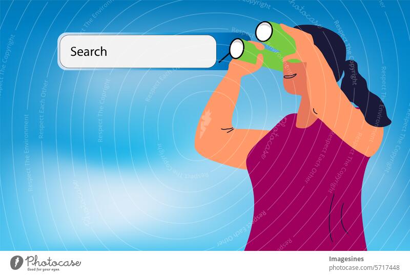 Search. Frau blickt durch ein Fernglas. Gestaltungselement der Suchleiste. Suche nach Informationen im Internet. Browser-Schaltfläche für Website- und UI-Design. Navigations-Websuche
