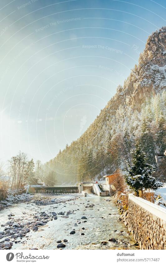 Sunny winter landscape with river in Berchtesgadener Land, Bavaria Winter Landscape Landscapes Snow Mountain Sky Alps Peak Snowcapped peak Exterior shot