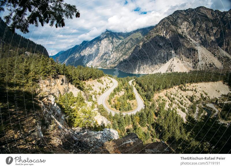 View of road from above - road makes a huge curve Street Canada Forest Lake Mountain lillooet travel Motoring mountain Water mountains Tree trees woodland