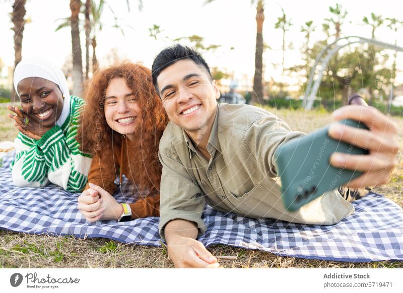 Diverse Students Enjoying Picnic and Taking Selfie picnic students selfie diversity multiethnic african american hispanic caucasian woman friendship outdoor