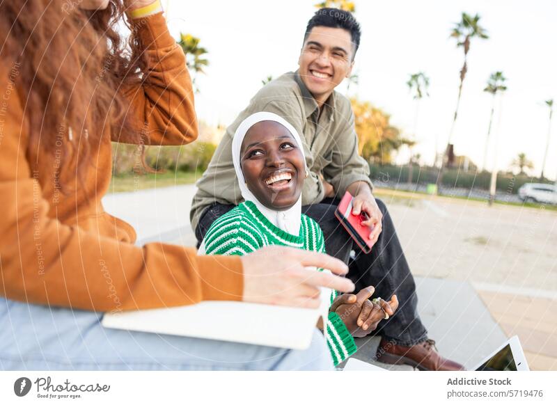Multiethnic Students Enjoying Outdoor Study Session student park laptop smartphone study outdoor picnic woman diversity multiethnic friendship technology