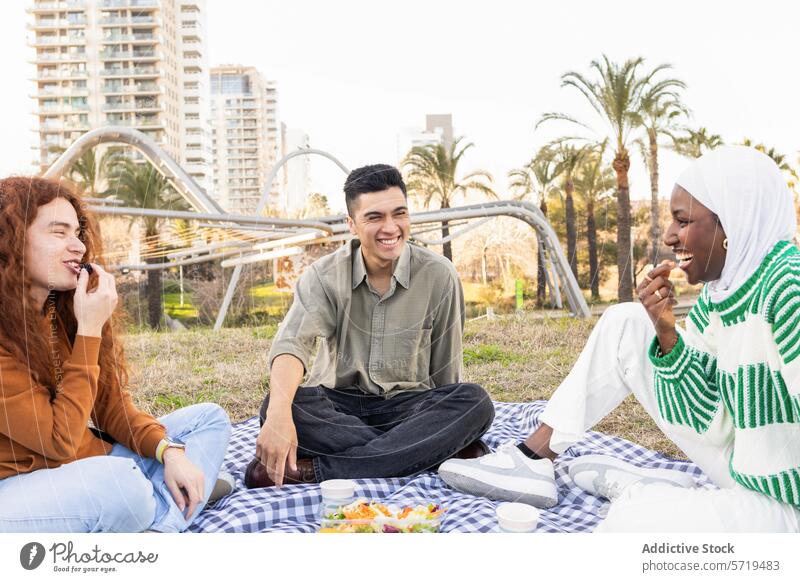 Diverse friends enjoying a picnic in the park students multiethnic urban buildings laughter snacks sunny day diversity african american caucasian man woman