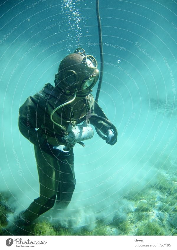 helmet divers Dive Underwater photo Lake Water Historic Walking Man Human being Sand Sea bed