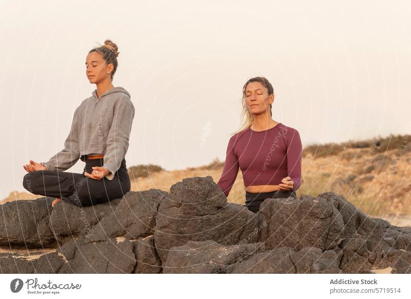 Serene female yoga practitioners meditating on a beach at sunset meditation serene practice mindfulness peace seated individual rock sky soft jagged embodiment