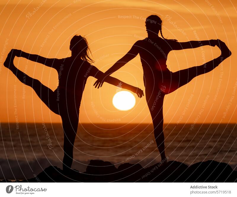 Silhouetted Yoga Duet at Sunset on the Beach yoga silhouette women sunset beach balance harmony pose duet health wellbeing lifestyle fitness exercise