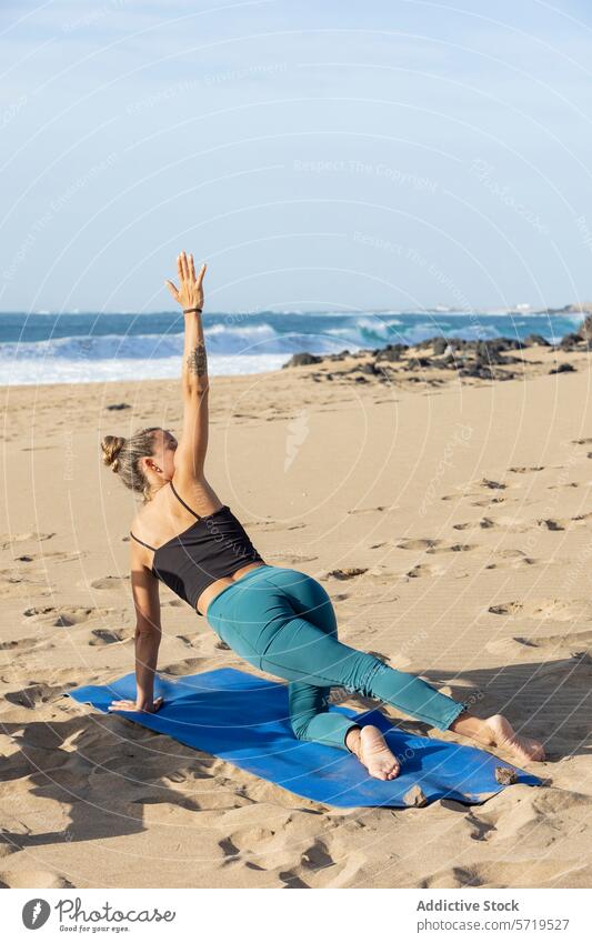Serene Yoga Session on the Beach at Sunset woman yoga beach sunset side plank vasisthasana tranquility practice sandy ocean waves fitness wellbeing balance
