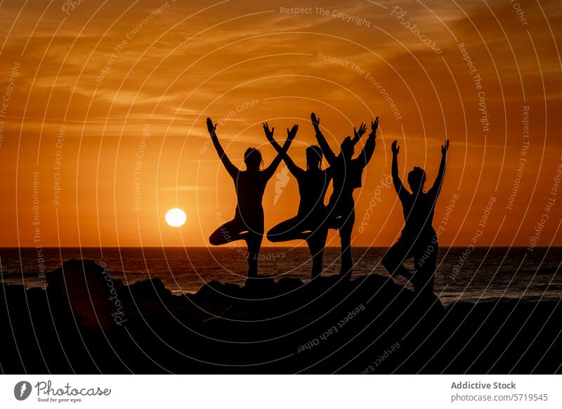Silhouette women in Yoga Poses at Beach Sunset yoga silhouette sunset beach class group pose serenity exercise fitness wellness meditation peace calm balance