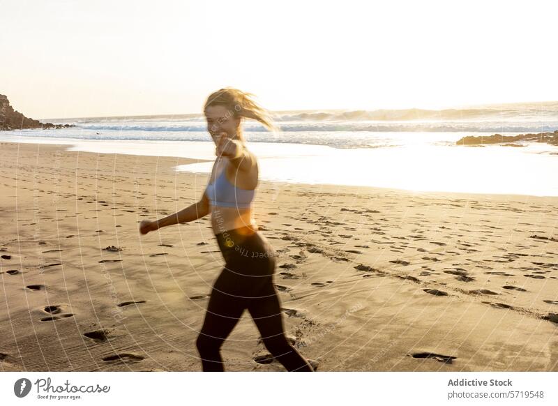 Active woman enjoying a beach run at sunset active fitness relaxation sea exercise sand jog runner shoreline evening leisure outdoor lifestyle wellness health