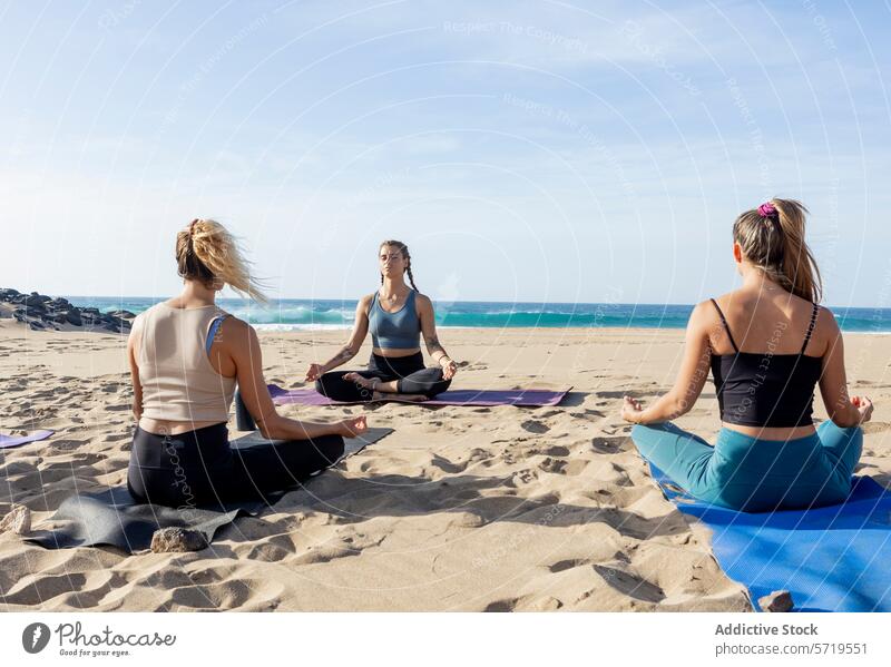 Sunset beach yoga class in peaceful meditation pose sunset sukhasana tranquility sand ocean wellness fitness health relaxation harmony balance sea mindfulness