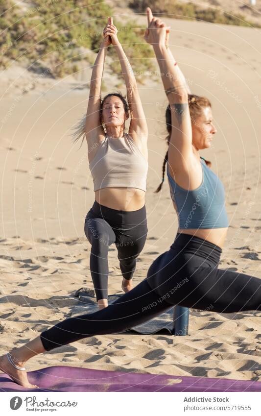 Yoga Practitioners Performing Poses at Beach Sunset yoga beach sunset fitness posture strength flexibility sandy relaxation health wellness woman outdoor serene
