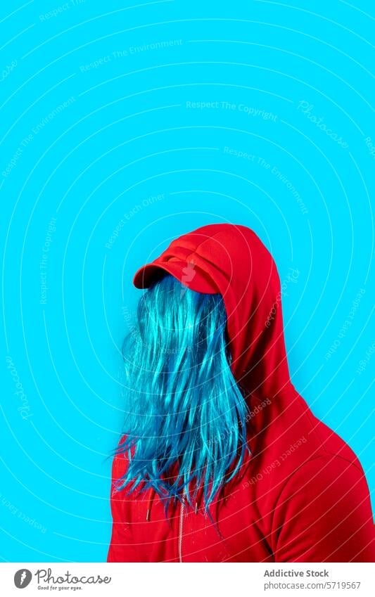 Mysterious person with blue hair and red hoodie on blue background vibrant colorful style fashion anonymity unrecognizable faceless youth modern hipster trendy