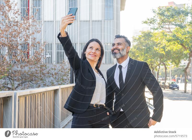 Colleagues taking a selfie outside the office business colleague smartphone sunny day outdoor building professional man woman posing corporate attire