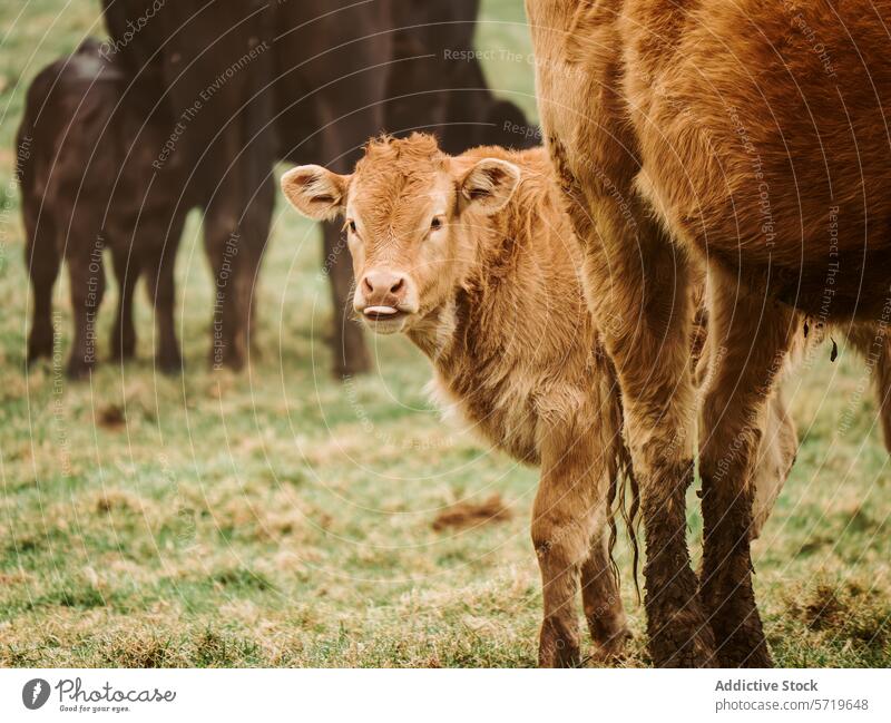 Young Brown Calf Stands In Field With Cattle calf cow cattle brown herd pasture green field farm young animal livestock agriculture rural bovine mammal curious